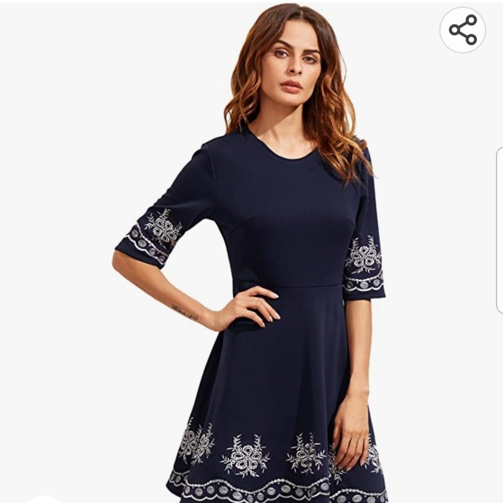 Floerns Women's Half Sleeve Embroidered Fit and Flare Skater Dress, Navy, Large